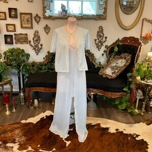 Vintage Lace Trim Dress & Cardigan 2 Piece Set Front Slit Size M Blue